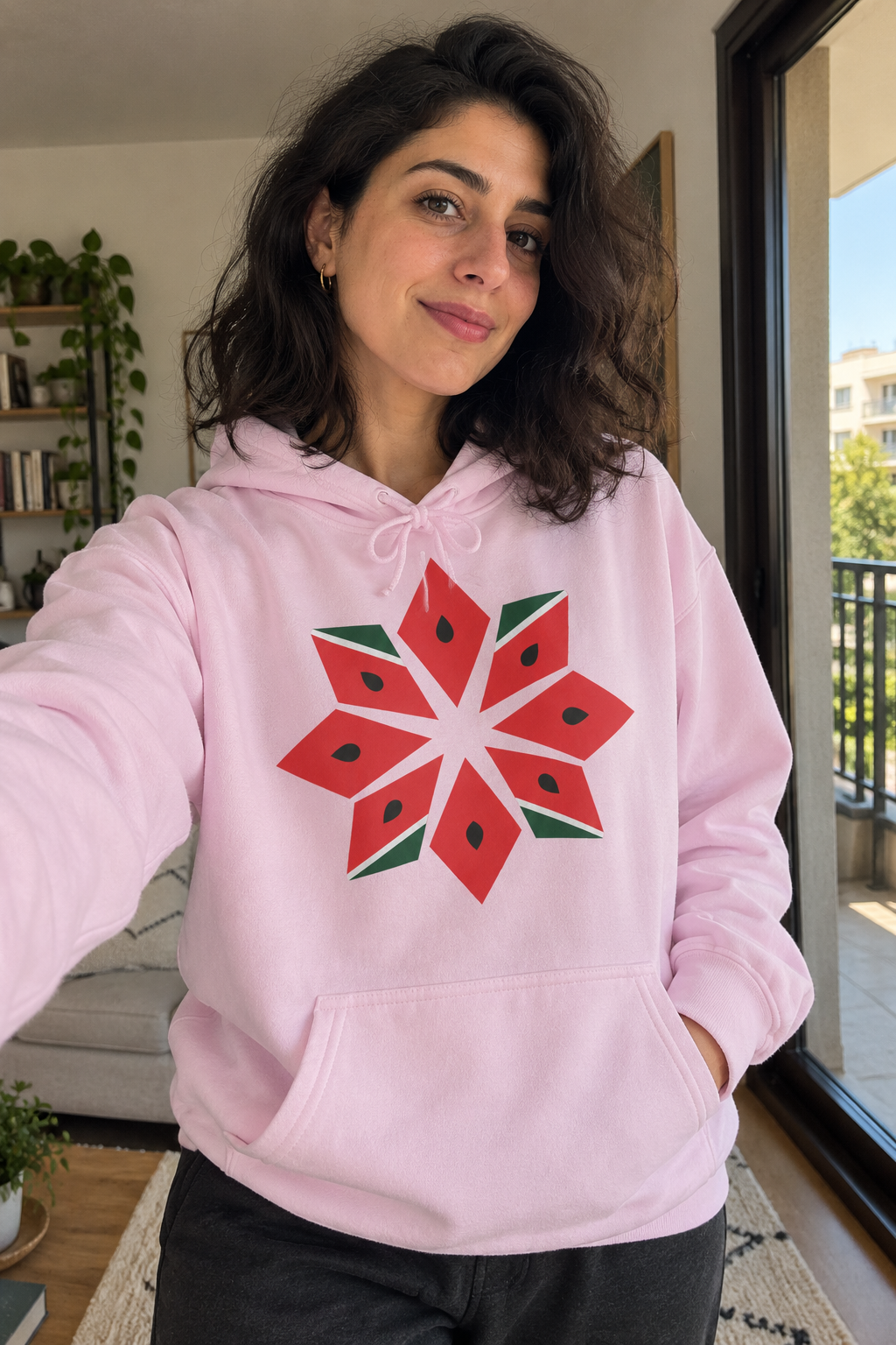 KI-generiertes Stimmungsbild des Melon Tatreez Hoodies in Hellrosa