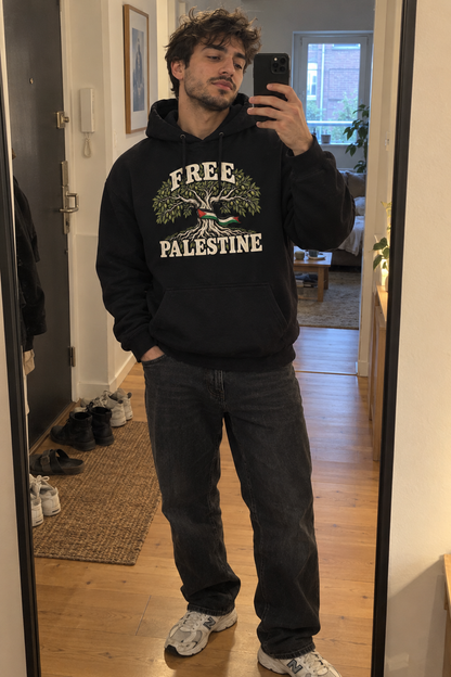 AI lifestyle visual: black Free Palestine hoodie as a mirror selfie