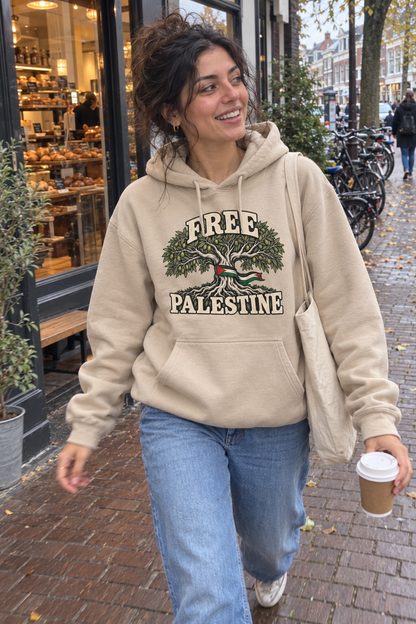 AI lifestyle visual: sand Free Palestine hoodie in a candid street photo