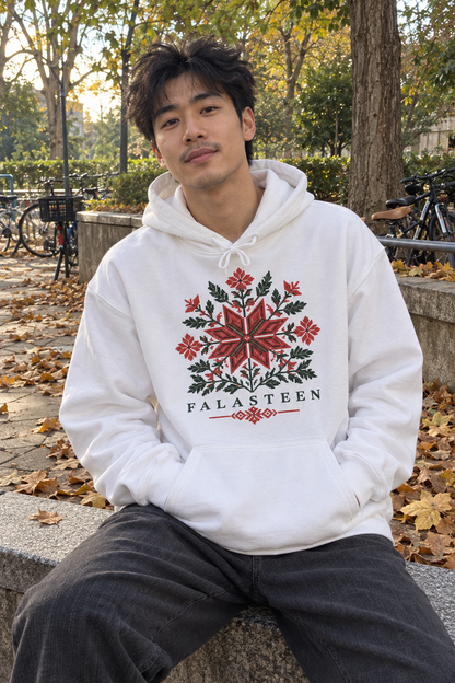 KI-Lifestylebild des Tatreez Bloom Hoodies in Weiß